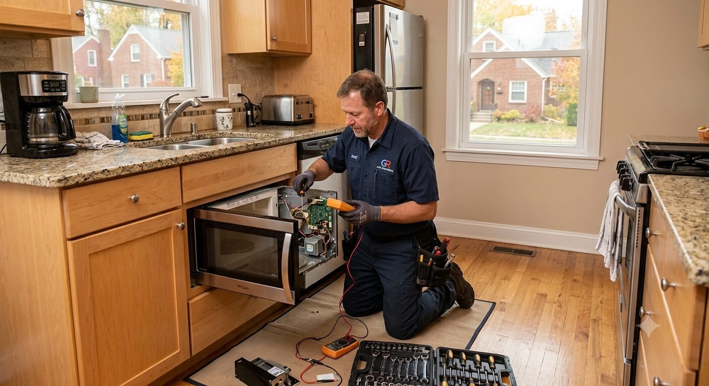 Technician testing the control board of an over-range microwave
