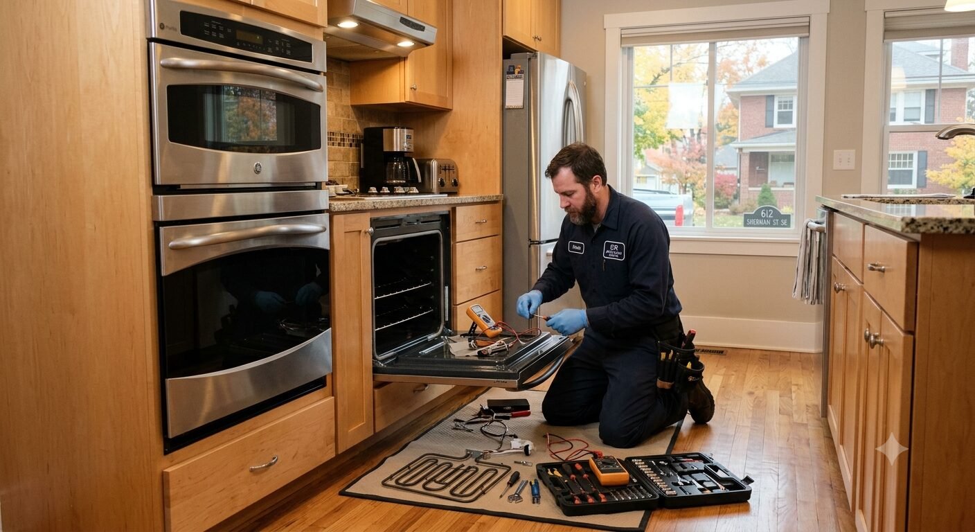 Technician replacing a bake element in a wall oven in a Grand Rapids home