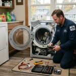Technician servicing a front load washing machine in a Grand Rapids laundry room