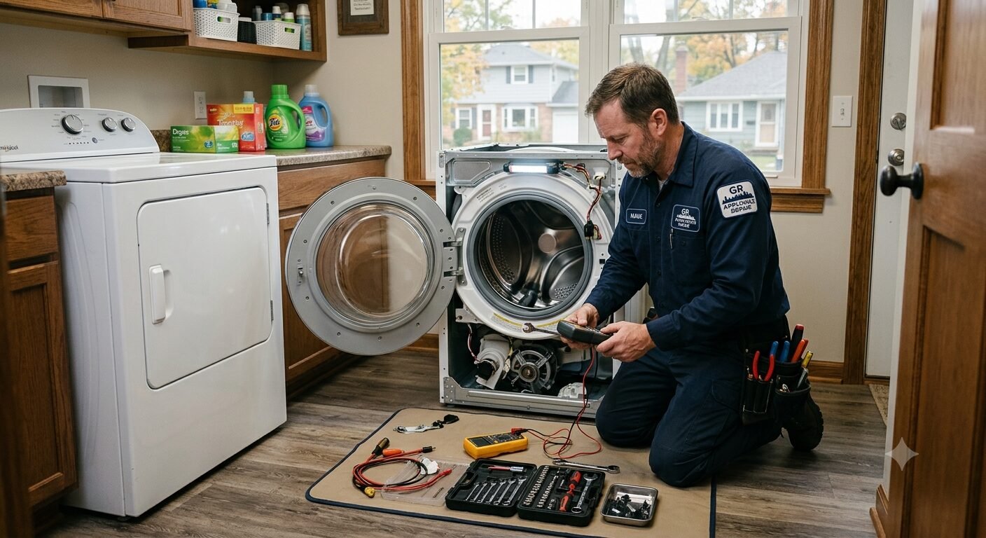 Technician servicing a front load washing machine in a Grand Rapids laundry room